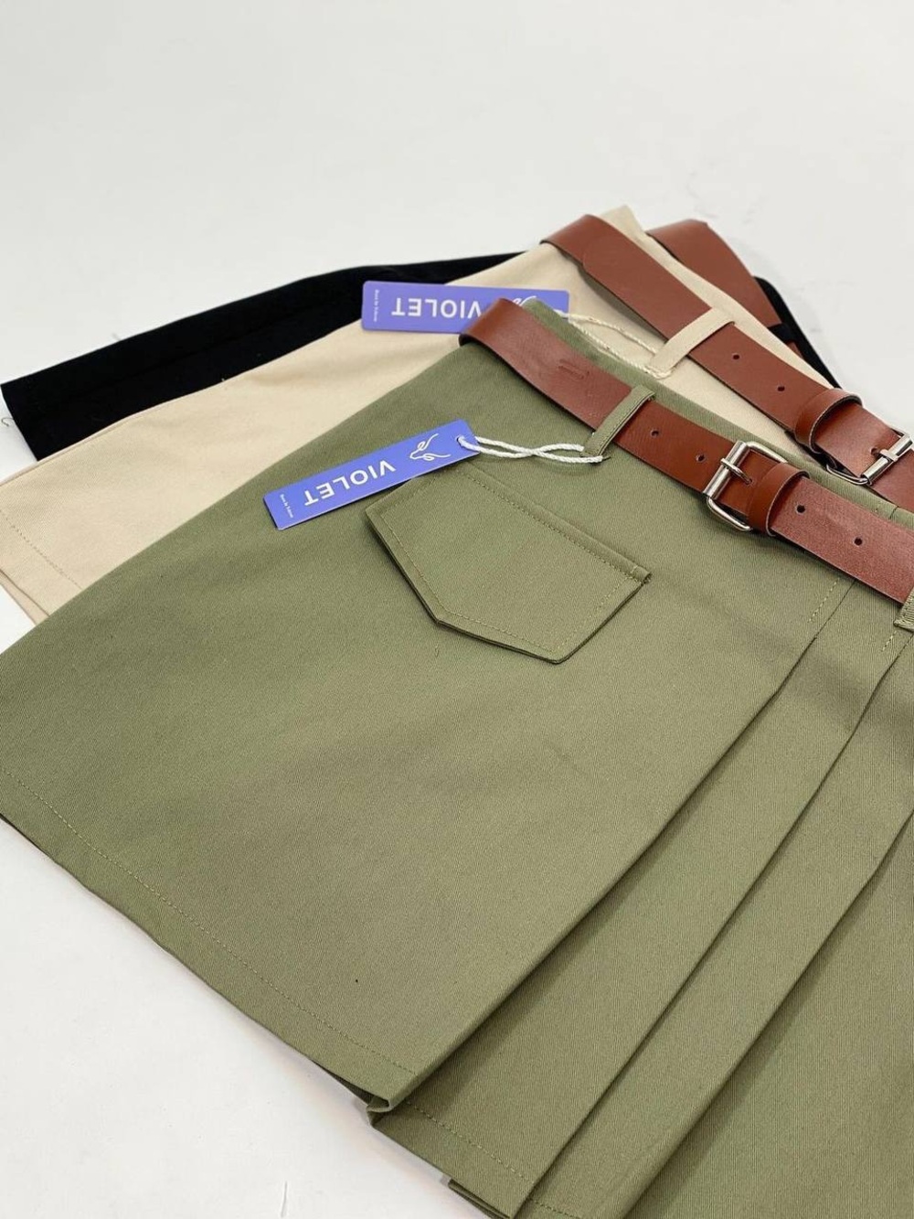 New Pleated Mini Skirt with Brown Belt - Olive, Beige, Black size Small and Medi